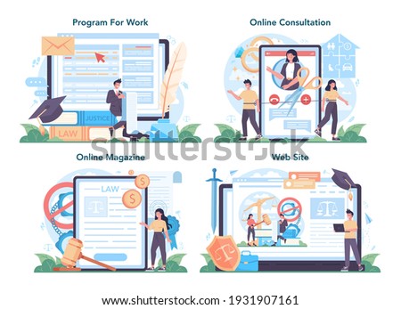 Professional lawyer online service or platform set. Housing, family and land legal dispute. Law advisor, advocate defending a customer. Online consultation, magazine, website. Vector flat illustration