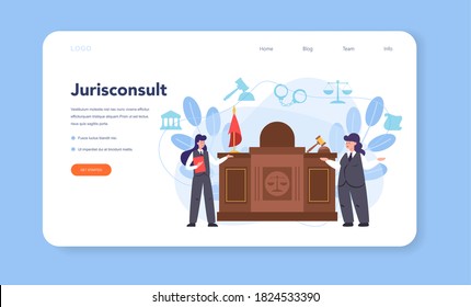 Professional lawyer web banner or landing page. Punishment and judgement. Guilt and innocence idea. Law advisor or consultant, advocate defending a customer. Vector illustration in cartoon style