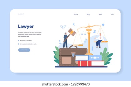 Professional lawyer web banner or landing page. Punishment and judgement idea. Settling document creation. Law advisor or consultant, advocate defending a customer. Vector flat illustration