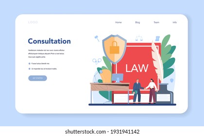 Professional lawyer web banner or landing page. Punishment and judgement idea. Settling document creation. Law advisor or consultant, advocate defending a customer. Vector flat illustration