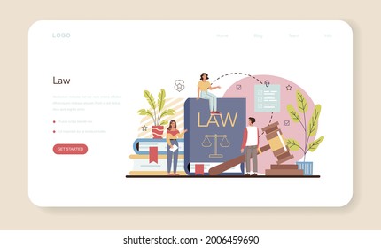 Professional lawyer web banner or landing page. Punishment and judgement idea. Law advisor or consultant, advocate defending a customer at the trial. Vector flat illustration