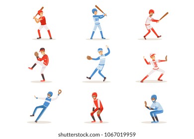 Professional League Baseball Players On The Field Playing Baseball, Sportsmen In Uniform Set Of Vector Illustrations.