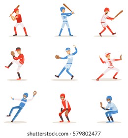 Professional League Baseball Players On The Field Playing Baseball, Sportsmen In Uniform Set Of Vector Illustrations.