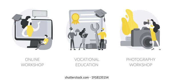 Professional learning abstract concept vector illustration set. Online workshop, vocational education, photography post processing and portfolio creation, student group, college abstract metaphor.