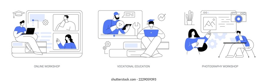 Professional learning abstract concept vector illustration set. Online workshop, vocational education, photography post processing and portfolio creation, student group, college abstract metaphor.