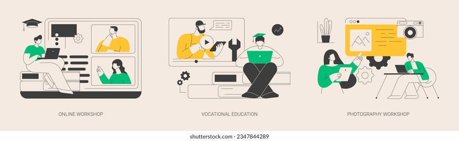 Professional learning abstract concept vector illustration set. Online workshop, vocational education, photography post processing and portfolio creation, student group, college abstract metaphor.