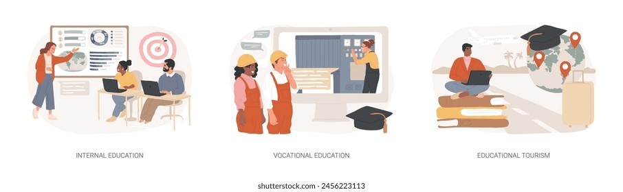 Professional learning isolated concept vector illustration set. Internal and vocational education, educational tourism, business coach, student group, education abroad, vacation vector concept.