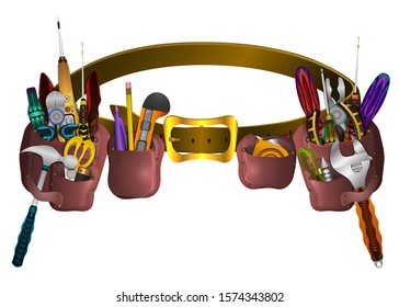 Professional leather belt for the builder, plumber, electrician, craftsman. Belt with pockets and compartments for screwdrivers, a hammer, tape measure, knife, nippers, pliers, etc. Vector realistic