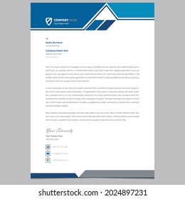 Diseño profesional de membrete. Elegante plantilla de membrete limpia con forma azul. Moderna plantilla de diseño de membrete empresarial creativa.