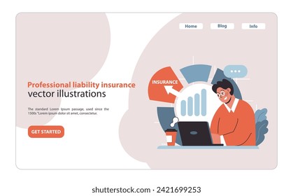 Professional liability insurance concept. Specialist manages risk with tailored coverage. Focus on securing business and reputation. Flat vector illustration.