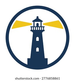 Professional lighthouse icon symbol with glowing yellow light beams encased in a dark blue circle. Perfect for maritime branding, coastal navigation, and safety themes.