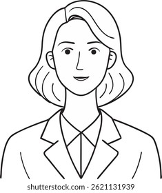 Professional line art illustration of a businesswoman with short hair in a suit, smiling confidently. Perfect for corporate, HR, leadership, and professional-themed projects.