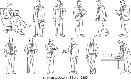 Professional line art vector collection featuring businessman characters in multiple office poses including tablet use, phone conversation, document review, walking, checking time, business handshake, standing, and office desk work. Ideal for corporate branding, business presentations, websites, HR materials, marketing, training manuals, and workplace illustrations.