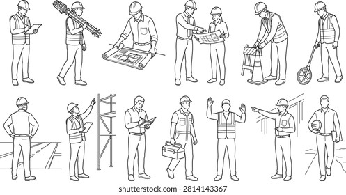 Professional line art vector collection featuring construction workers and engineers performing site surveying, blueprint review, project planning, measuring, safety inspection, layout marking, and field supervision tasks. Ideal for construction companies, engineering firms, contractor websites, safety manuals, technical presentations, training materials, and industrial marketing.