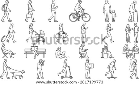 Professional line art vector collection featuring people of all ages engaged in everyday activities including walking, cycling, jogging, shopping, parenting, traveling, reading, working, dining, pet walking, photography, delivery, skateboarding, and commuting. Perfect for lifestyle websites, mobile apps, city guides, educational content, infographics, UI design, marketing materials, and editorial illustrations.