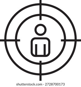 Professional line art vector icon representing targeted audience, user profiling, and marketing focus. Ideal for business presentations, digital advertising strategies, demographic analysis, and HR goal setting. Clean, minimalist design on a white background.