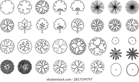 Professional line art vector set featuring landscape architecture tree symbols, top view vegetation, deciduous trees, palms, and CAD plan elements for architectural and landscape drawings. Ideal for site plans, urban planning, construction documents, engineering layouts, and landscape design projects.