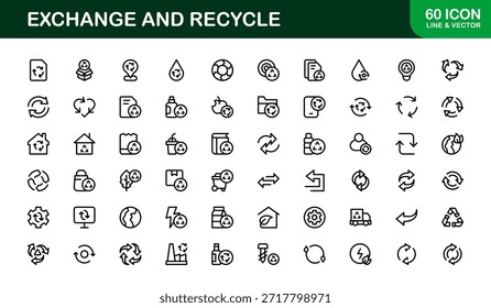 Paquete de iconos de líneas de Profesional para el reciclaje y el comercio: símbolos de contorno únicos modernos para conceptos de sostenibilidad, economía e inversión verde.