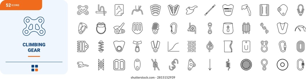 Professional line icon set of climbing belay devices and ropes. This thin linear illustration covers assisted braking mechanisms, tubular devices, carabiners, and mountaineering safety equipment.