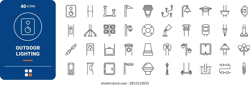 Professional line icon set containing sixty-four distinct geometric symbols for outdoor light post hardware, walkway bollards, and landscape illumination fixtures. Every thin linear illustration represents essential commercial lighting components.