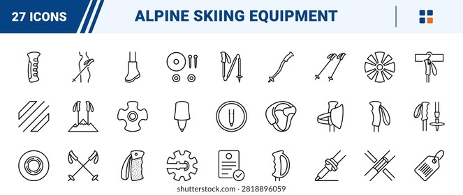 Professional line icon set containing sixty-four symbols of ski poles and alpine equipment. This premium thin linear illustration covers winter sports gear, ski racing accessories, and outdoor recreation tools.