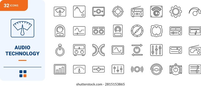 Professional line icon set detailing radio dial antenna components and frequency controls. This thin linear illustration covers broadcast receivers, hardware tuning, and signal adjustments.