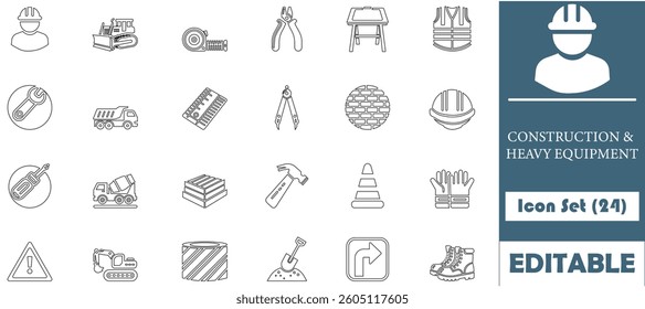 A professional line icon set featuring essential construction and heavy equipment tools, perfect for industrial apps, safety guides, and project visuals.
