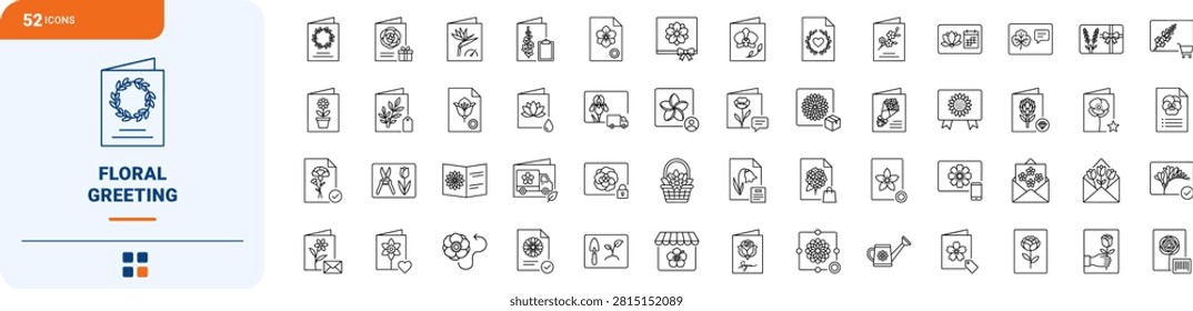 Professional line icon set featuring sixty-four simplified geometric concepts for mother day gifts and floral greeting stationery. This clean template provides a comprehensive collection designed as a thin linear illustration for seasonal retail and ecommerce branding.