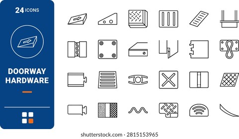 Professional line icon set including doorway hardware and floor transition elements. This comprehensive collection features entry safety and industrial trim components in a clean thin linear illustration.