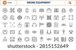 Professional line icon set representing drone landing pad equipment, unmanned aerial vehicle docking systems, and flight safety gear, rendered in a clean thin linear illustration style.
