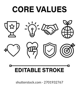 Un conjunto de iconos de líneas profesionales que representan los valores esenciales del negocio como la integridad, la innovación, el trabajo en equipo, el respeto y la responsabilidad. Cada símbolo está hecho a mano con trazos editables para que sea perfecto.