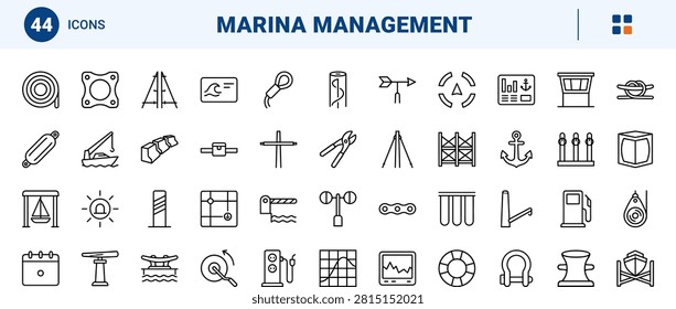 Professional line icon set representing sailing infrastructure, yacht rigging components, and harbor management elements in a thin linear illustration style.