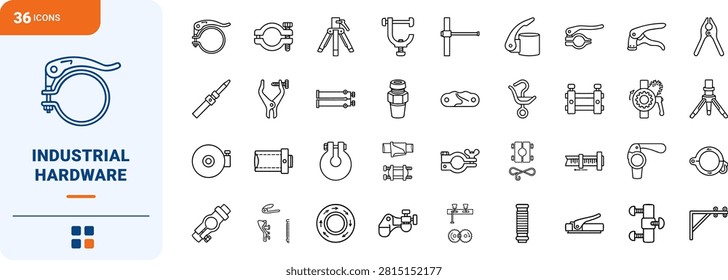Professional line icon set representing extension pole clamp designs, telescoping rod locks, and industrial pipe fastening hardware in a clean thin linear illustration.