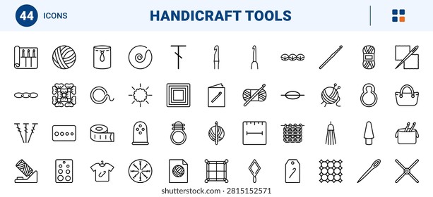 Professional line icon set representing specialized crochet hooks and yarn crafting equipment. This high quality collection provides a thin linear illustration of needlework tools, yarn accessories, and stitch layout symbols.
