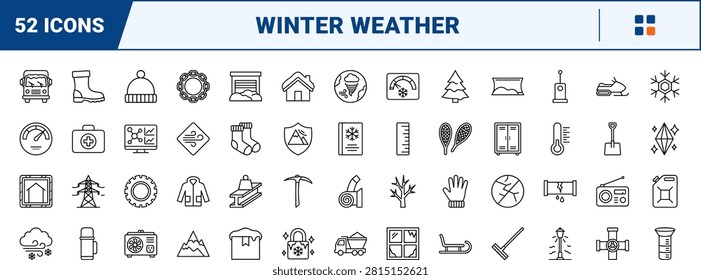 Professional line icon set representing blizzard, winter storm, and extreme weather safety concepts. This thin linear illustration covers infrastructure impact, cold weather gear, and safety equipment.