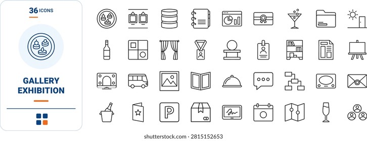 Professional line icon set representing gallery openings and vernissage invitation elements in a clean thin linear illustration style.