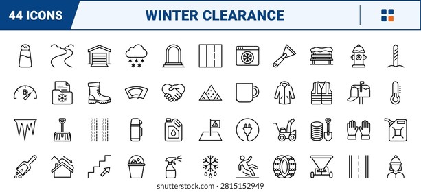 A professional line icon set representing winter snow removal and pathway maintenance equipment, featuring thin linear illustration of clearing tools and safety gear.