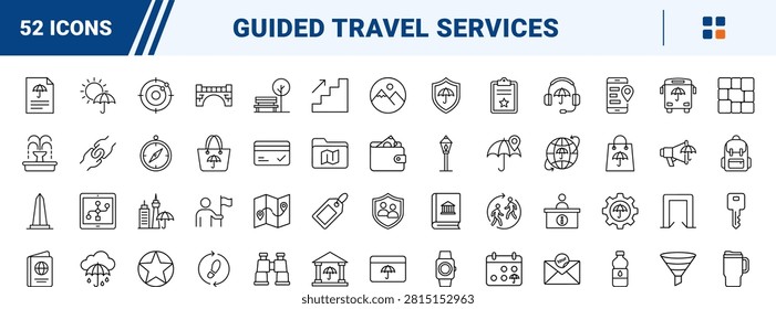 Professional line icon set representing urban sightseeing and guided city excursions. This thin linear illustration covers navigation, landmarks, group travel, and tourism management tools.