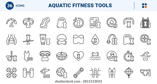 Professional line icon set representing swim training pull buoys and aquatic leg floats. This thin linear illustration covers competitive swimming gear, pool practice tools, and hydrodynamic leg support accessories.
