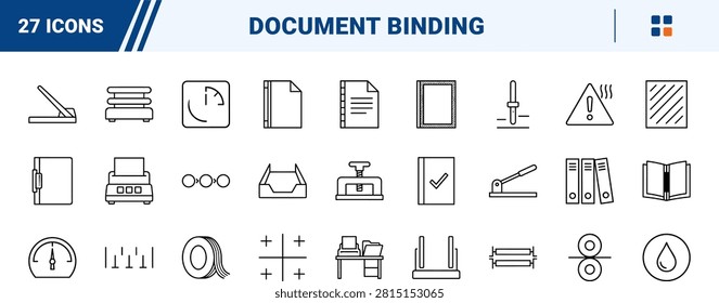 Professional line icon set representing thermal binding cover supplies, document finishing systems, and presentation manufacturing elements in a clean thin linear illustration.