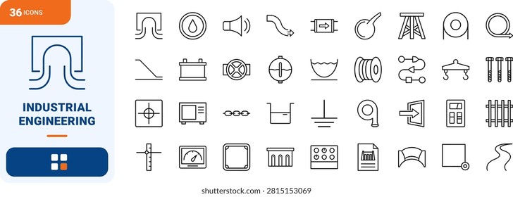 Professional line icon set representing hydro dam gate engineering and infrastructure mechanisms. This thin linear illustration covers hydraulic controls, spillway gates, and monitoring components.