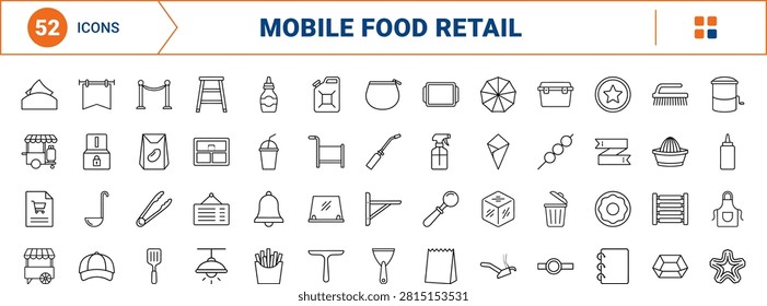 Professional line icon set representing mobile food service, street vending carts, and catering equipment. This thin linear illustration covers retail pushcarts and street food tools.