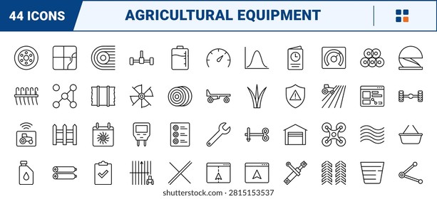 Professional line icon set representing agricultural windrow equipment and field harvesting systems. This thin linear illustration covers farming workflows and machinery components.