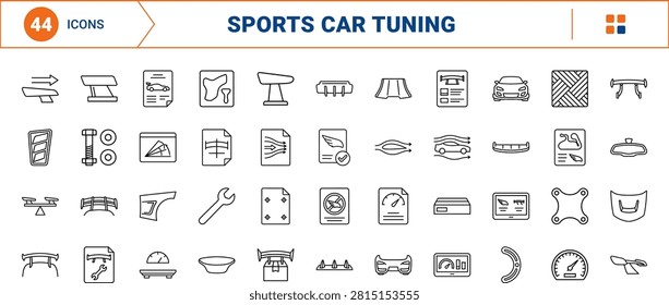 Professional line icon set representing sports car spoiler designs and aerodynamic tuning. This thin linear illustration covers wings, splitters, downforce components, and motorsport engineering concepts.