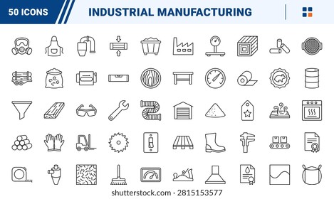Professional line icon set representing wood shavings production and woodworking processes. This collection features a thin linear illustration of lumber manufacturing, workshop tools, and agricultural byproduct packaging.