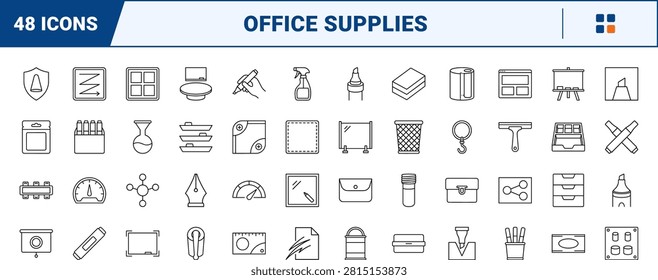 Professional line icon set representing presentation markers, whiteboard tools, and office collaboration accessories in a clean thin linear illustration.
