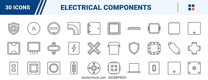 Professional line icon set representing electrical junction box covers and utility enclosure plates. This thin linear illustration collection details hardware symbols, terminal shields, and wiring containment accessories.