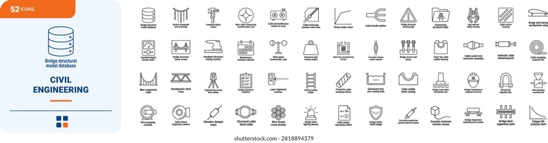 Professional line icon set representing civil engineering and suspension bridge cables infrastructure components, featuring thin linear illustration of structural anchors, steel wire strands, and construction testing gear.
