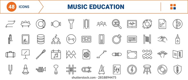Professional line icon set representing brass instrument instruction and technique. This high quality thin linear illustration covers educational methods, slide positions, and musical practice tools.