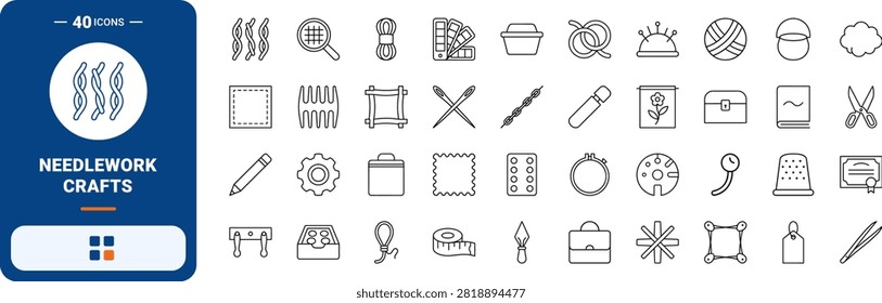 Professional line icon set representing crewel wool strands and traditional embroidery tools. This thin linear illustration covers yarn skeins, needlework fabrics, and stitching equipment.
